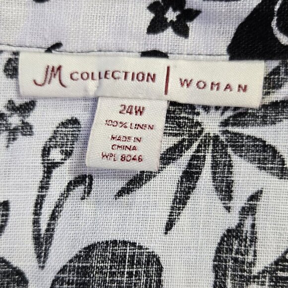 JM Collection 100% Linen White Black Floral Button-Up Shirt Comfy Beachy - Picture 7 of 7